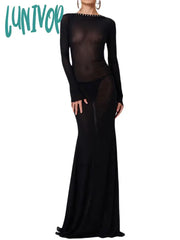 Lunivop Women See Through Bodycon Long Dress Sleeve Mesh Sheer Maxi Cross Tie Up Backless Club Party