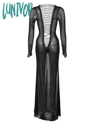 Lunivop Women See Through Bodycon Long Dress Sleeve Mesh Sheer Maxi Cross Tie Up Backless Club Party