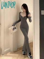 Lunivop Women Sexy Bodycon Party Club Long Dress Spring Autumn Fashion Solid One Piece Robe