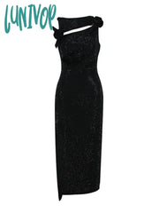Lunivop Women Sexy Cut Out Studded Rhinestone Flower Black Midi Bodycon Bandage Dress Elegant