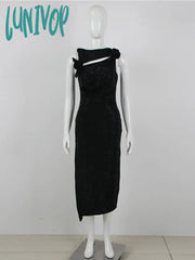 Lunivop Women Sexy Cut Out Studded Rhinestone Flower Black Midi Bodycon Bandage Dress Elegant