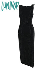 Lunivop Women Sexy Cut Out Studded Rhinestone Flower Black Midi Bodycon Bandage Dress Elegant