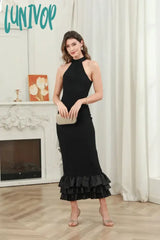 Lunivop Women Sexy Halterneck Crew Neck Bodycon Black Long Bandage Dress Formal Occasion Birthday