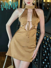 Lunivop Women Sexy Hollow Out Backless Mini Dresses Elegant Satin Solid Sleeveless Bodycon Robe