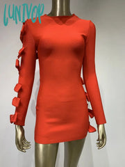 Lunivop Women Sexy Long Sleeve Bow Tie Red Mini Cut Out Bodycon Bandage Dress Elegant Evening Club