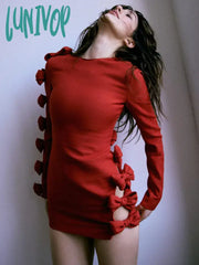 Lunivop Women Sexy Long Sleeve Bow Tie Red Mini Cut Out Bodycon Bandage Dress Elegant Evening Club