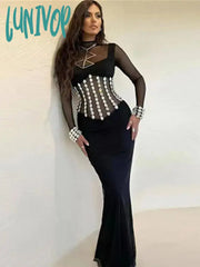 Lunivop Women Sexy Long Sleeve Mesh Beading Black Maxi Gownsbodycon Bandage Dress Elegant Evening