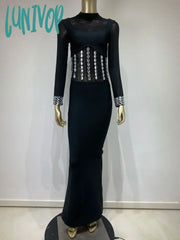 Lunivop Women Sexy Long Sleeve Mesh Beading Black Maxi Gownsbodycon Bandage Dress Elegant Evening