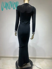 Lunivop Women Sexy Long Sleeve Mesh Beading Black Maxi Gownsbodycon Bandage Dress Elegant Evening