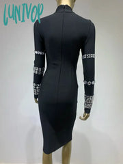 Lunivop Women Sexy Long Sleeve Turtlneck Beading Black Midi Bodycon Bandage Dress 2024 Elegant