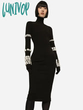 Lunivop Women Sexy Long Sleeve Turtlneck Beading Black Midi Bodycon Bandage Dress 2024 Elegant