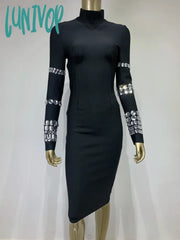 Lunivop Women Sexy Long Sleeve Turtlneck Beading Black Midi Bodycon Bandage Dress 2024 Elegant
