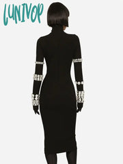 Lunivop Women Sexy Long Sleeve Turtlneck Beading Black Midi Bodycon Bandage Dress 2024 Elegant