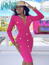 Lunivop Women Sexy Long Sleeve V Neck Hot Pink Orange Button Winter Bodycon Bandage Dress Elegant