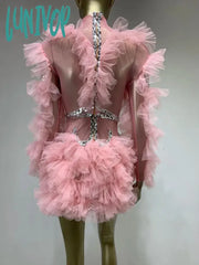 Lunivop Women Sexy Mesh Crystal Diamonds Beading Pink Mini Dress Birthday Party Costume Bar