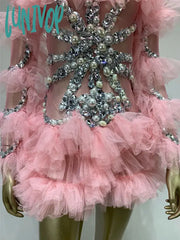 Lunivop Women Sexy Mesh Crystal Diamonds Beading Pink Mini Dress Birthday Party Costume Bar