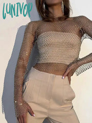 Lunivop Women Sexy Mesh See Through T Shirt Shiny Rhinestone Fishnet Hollow Out Crop Top Long