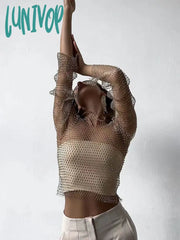 Lunivop Women Sexy Mesh See Through T Shirt Shiny Rhinestone Fishnet Hollow Out Crop Top Long