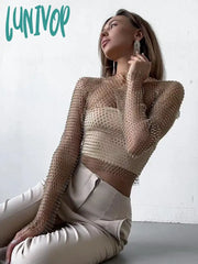 Lunivop Women Sexy Mesh See Through T Shirt Shiny Rhinestone Fishnet Hollow Out Crop Top Long