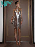 Lunivop Women Sexy Metallic Shiny Halter Mini Dress Fashion Slim Sleeveless Backless Tassels