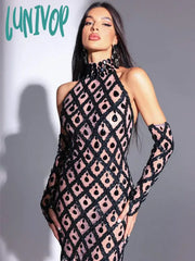 Lunivop Women Sexy O Neck Beading Rhinestone Black Gloves Mini Dress Birthday Party Costume Bar