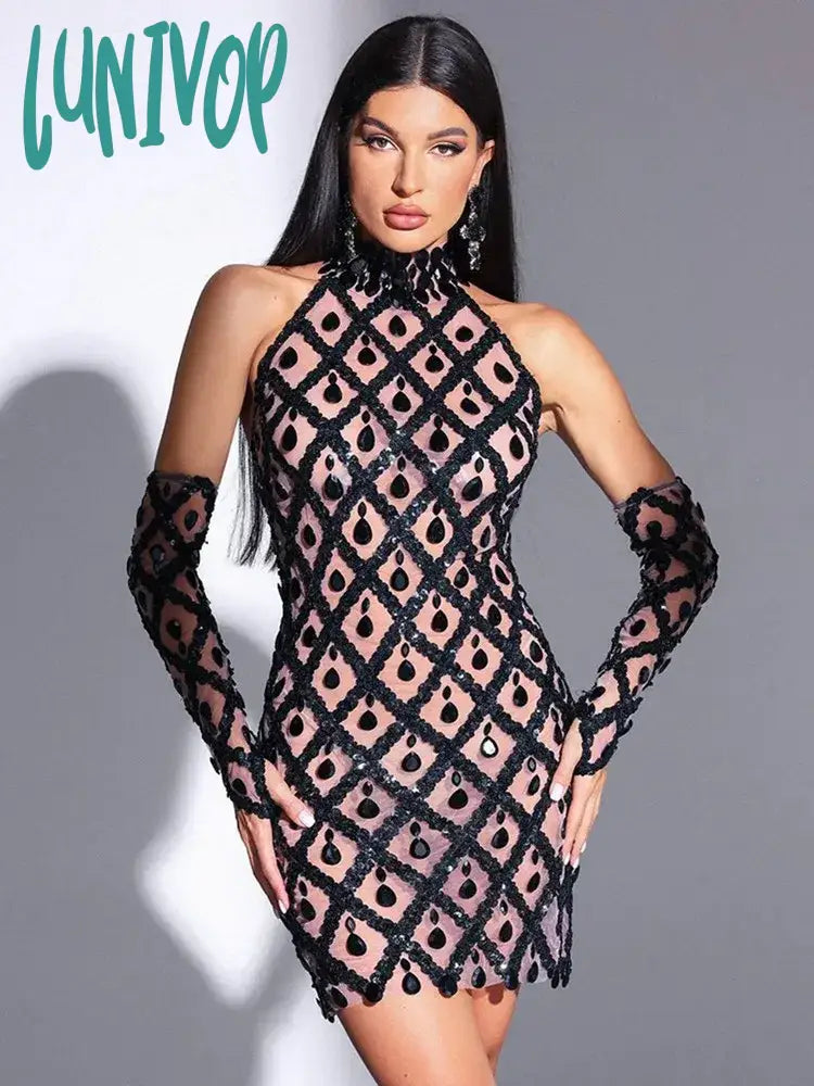 Lunivop Women Sexy O Neck Beading Rhinestone Black Gloves Mini Dress Birthday Party Costume Bar