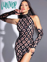 Lunivop Women Sexy O Neck Beading Rhinestone Black Gloves Mini Dress Birthday Party Costume Bar