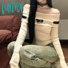 Lunivop Women Sexy Off Shoulder Loose Korean Fashion Knitwear Autumn And Winter Pullover Sweater