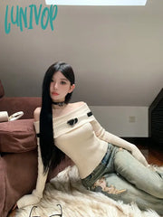 Lunivop Women Sexy Off Shoulder Loose Korean Fashion Knitwear Autumn And Winter Pullover Sweater