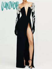 Lunivop Women Sexy Off Shoulder Maxi Long Split Black Crystal Diamonds Sparkly Shiny Bandage Dress