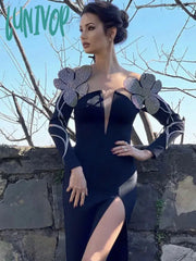 Lunivop Women Sexy Off Shoulder Maxi Long Split Black Crystal Diamonds Sparkly Shiny Bandage Dress