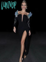 Lunivop Women Sexy Off Shoulder Maxi Long Split Black Crystal Diamonds Sparkly Shiny Bandage Dress