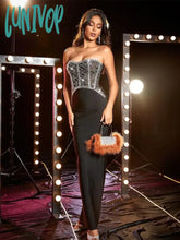 Lunivop Women Sexy Shinning Crystal Strapless Bodycon Long Bandage Dress Formal Occasion Birthday