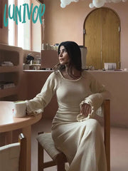 Lunivop Women Sexy Solid Cotton Maxi Dress Elegant O-Neck Backless Lace Up Flare Sleeve High Waist