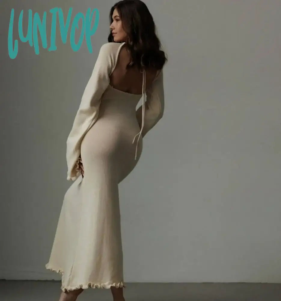 Lunivop Women Sexy Solid Cotton Maxi Dress Elegant O-Neck Backless Lace Up Flare Sleeve High Waist