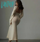 Lunivop Women Sexy Solid Cotton Maxi Dress Elegant O-Neck Backless Lace Up Flare Sleeve High Waist