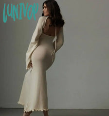 Lunivop Women Sexy Solid Cotton Maxi Dress Elegant O-Neck Backless Lace Up Flare Sleeve High Waist