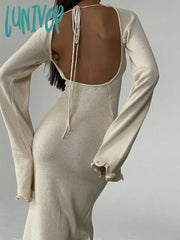 Lunivop Women Sexy Solid Cotton Maxi Dress Elegant O-Neck Backless Lace Up Flare Sleeve High Waist