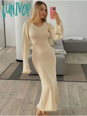 Lunivop Women Sexy Solid Cotton Maxi Dress Elegant O-Neck Backless Lace Up Flare Sleeve High Waist