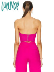 Lunivop Women Sexy Strapless Backless Pink Beading Two Pieces Crop Top Pants Bandage Set Celebrity