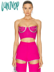Lunivop Women Sexy Strapless Backless Pink Beading Two Pieces Crop Top Pants Bandage Set Celebrity