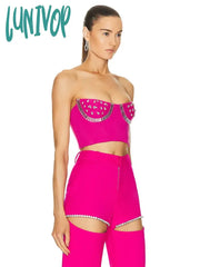 Lunivop Women Sexy Strapless Backless Pink Beading Two Pieces Crop Top Pants Bandage Set Celebrity