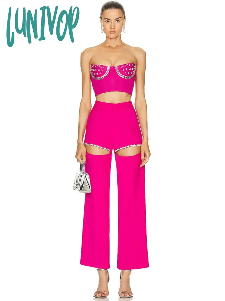 Lunivop Women Sexy Strapless Backless Pink Beading Two Pieces Crop Top Pants Bandage Set Celebrity