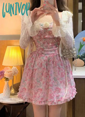 Lunivop Women Sexy Strapless Dress Spring Pink Mini Sweet Summer Short With White Coat Birthday