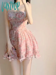 Lunivop Women Sexy Strapless Dress Spring Pink Mini Sweet Summer Short With White Coat Birthday