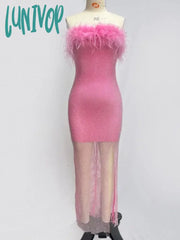 Lunivop Women Sexy Strapless Ostrich Feathers Pink Crystal Bodycon Bandage Dress 2024 High Street