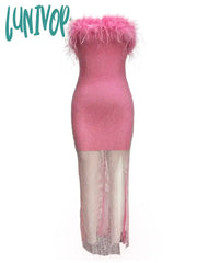 Lunivop Women Sexy Strapless Ostrich Feathers Pink Crystal Bodycon Bandage Dress 2024 High Street