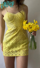 Lunivop Women Sexy Yellow Lace Spliced Plaid Trim Spaghetti Strap Mini Dress Romantic Lady Backless