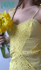 Lunivop Women Sexy Yellow Lace Spliced Plaid Trim Spaghetti Strap Mini Dress Romantic Lady Backless