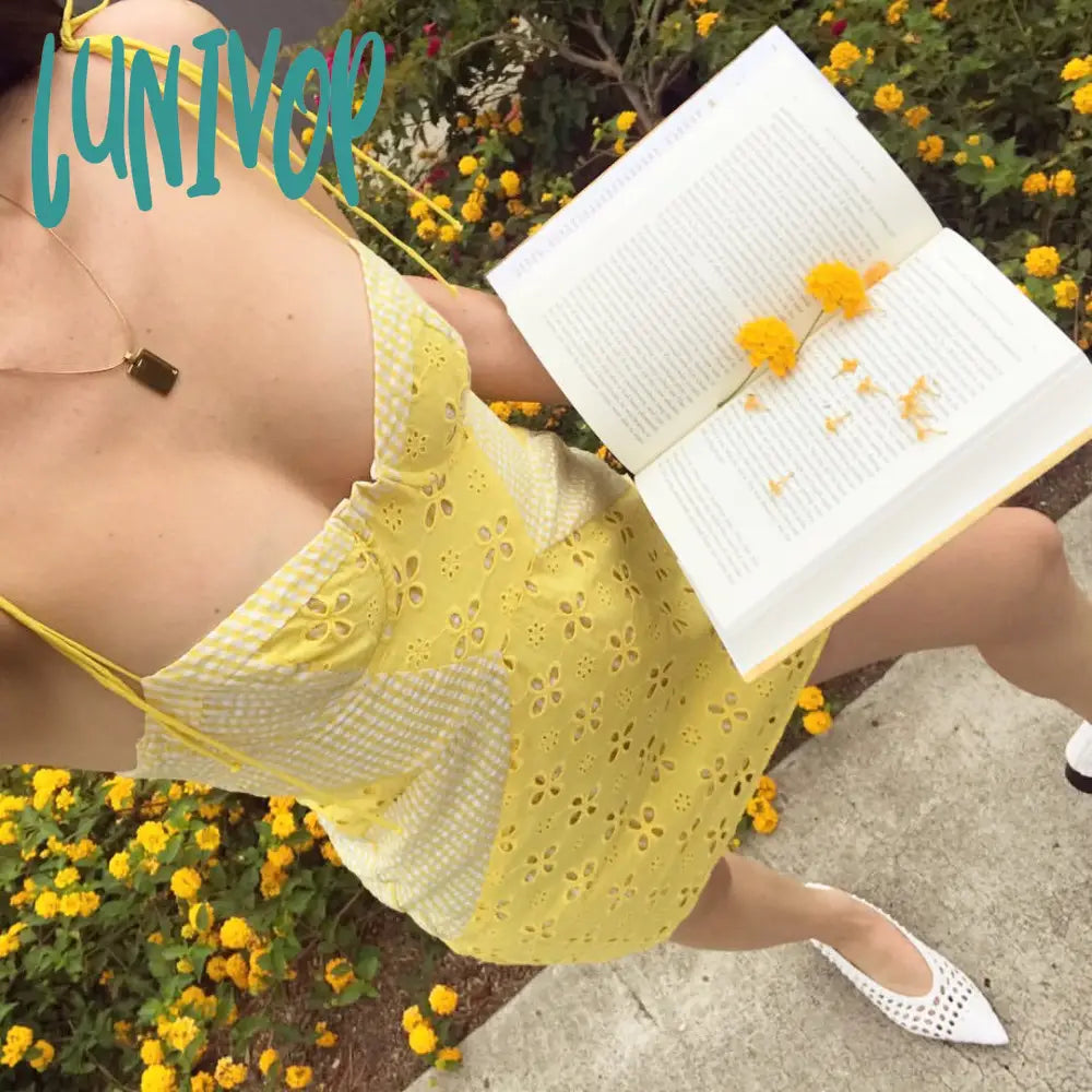 Lunivop Women Sexy Yellow Lace Spliced Plaid Trim Spaghetti Strap Mini Dress Romantic Lady Backless